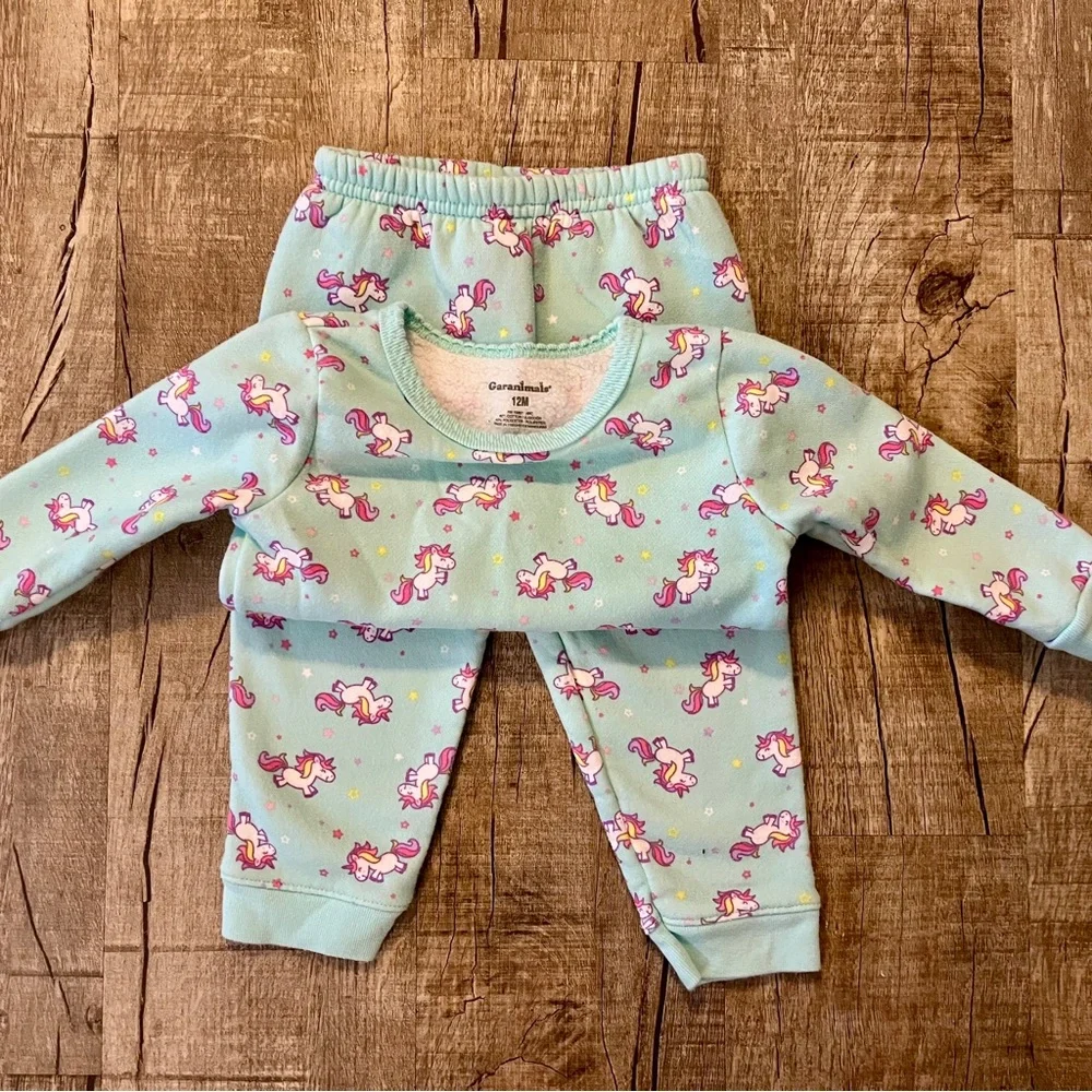 Garanimals Unicorn Fleece Pajamas 12M Baby Toddler Mint Green PJs